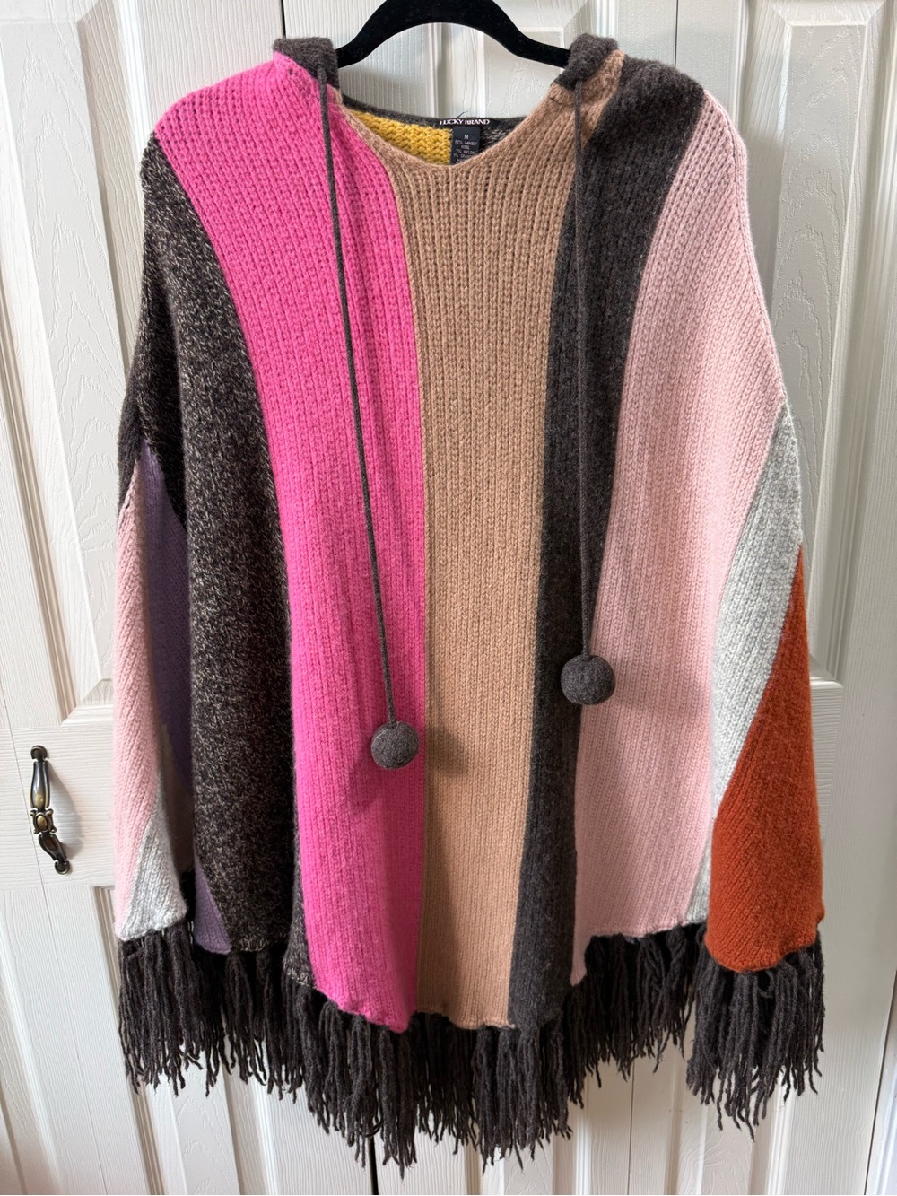 Lucky Brand Lambswool Color Block Fringe Poncho Drawstring Pom Pom Womens Size M